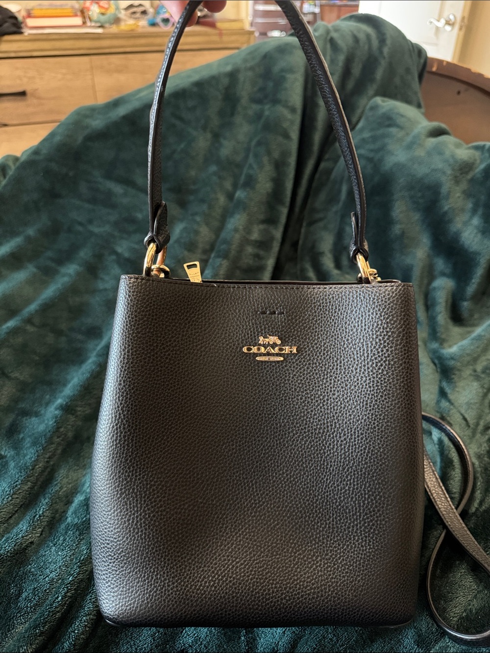 Coach Black Pebbled Leather Crossbody Bucket Bag with Gold Logo